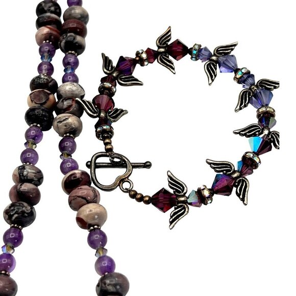 Handcrafted Purple Stone Beaded Necklace & Bracelet Set With Glass & Amethyst - Picture 12 of 12